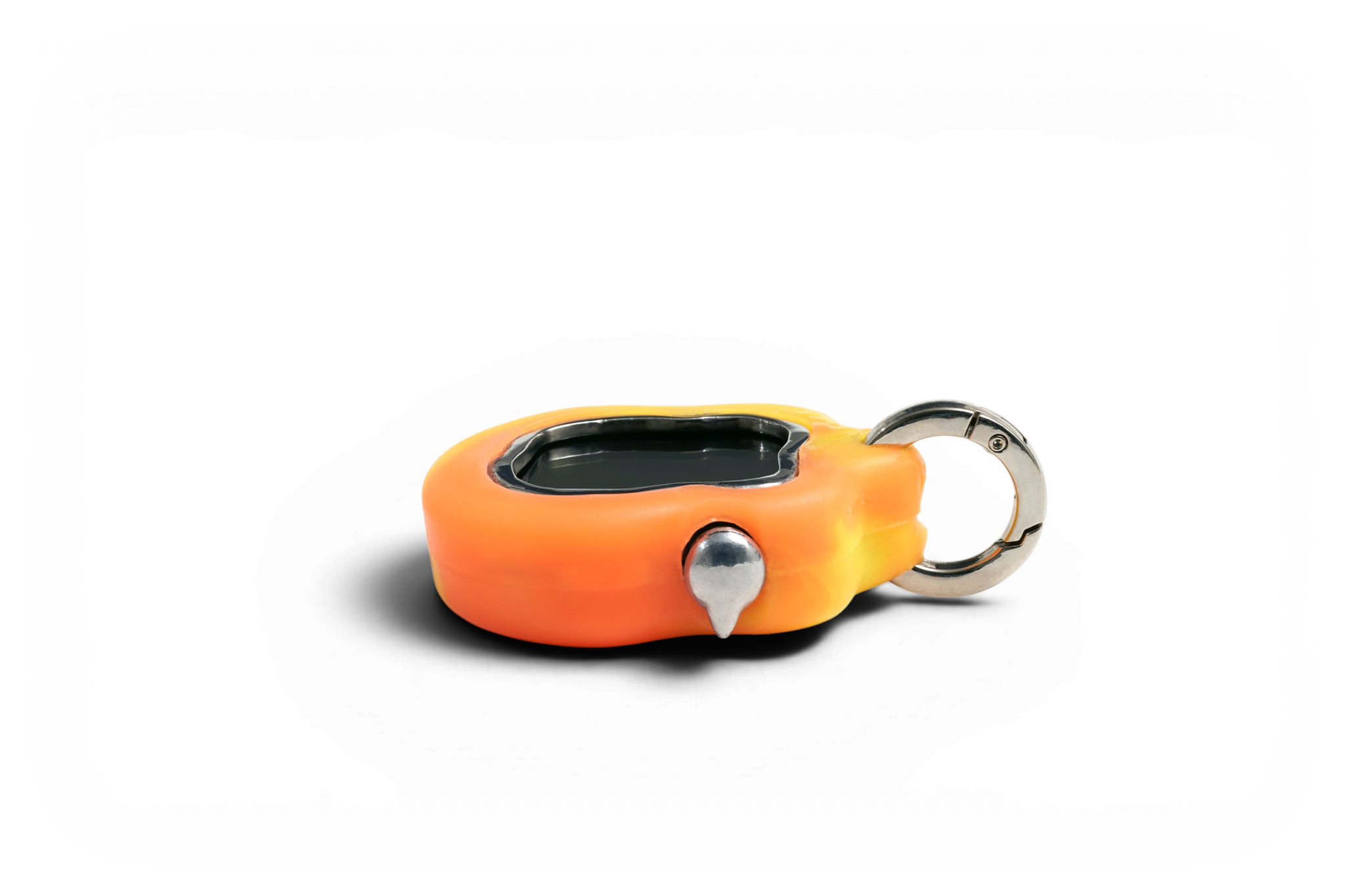Side view of Amoeba One showing the chrome bezel, screen, button, and keyring